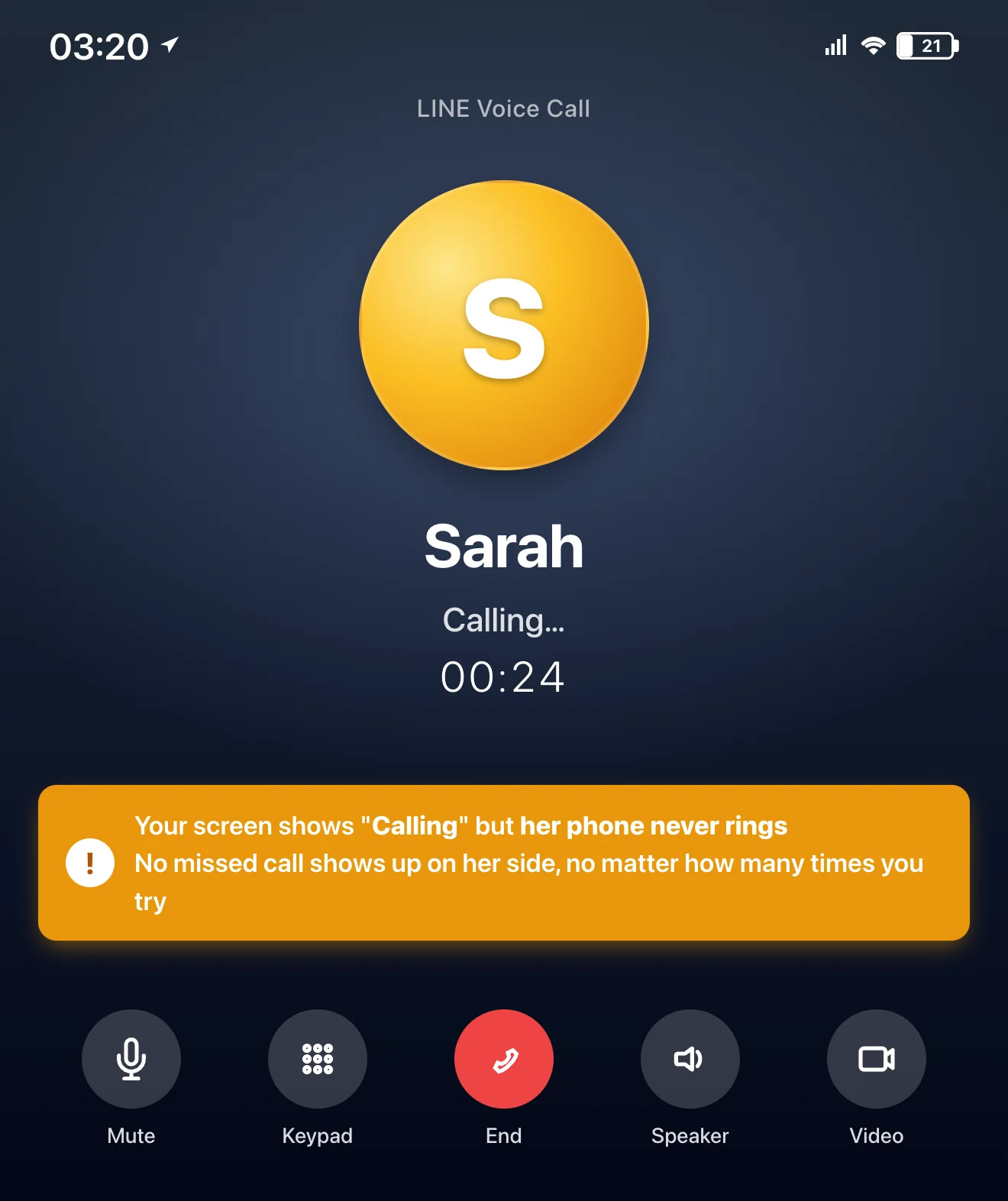 LINE voice call mockup: the blocked person calls you, their screen shows "Calling 00:24" but your phone never rings and no missed call is logged