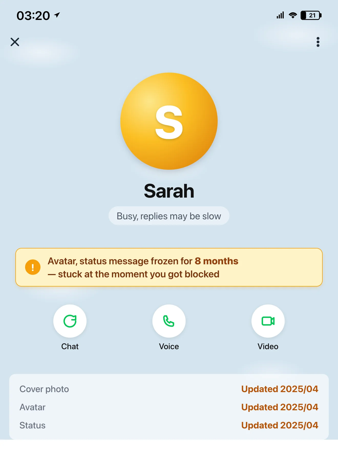 LINE profile mockup: from the blocked person's POV, Sarah's avatar, status, and cover photo all show "Updated 2025/04" — frozen 8 months ago