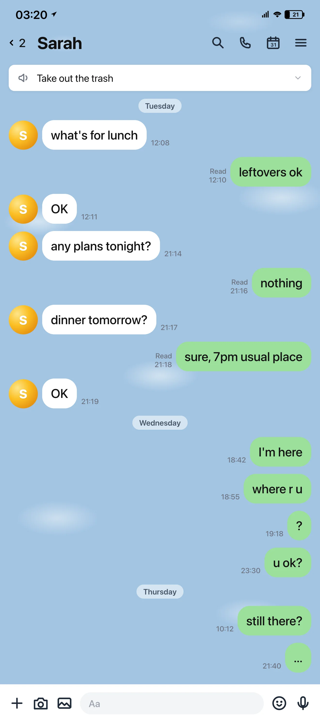 LINE chat mockup: 8 messages sent across 3 days, the early ones show "Read" but every later message sits without it — the unambiguous block signature