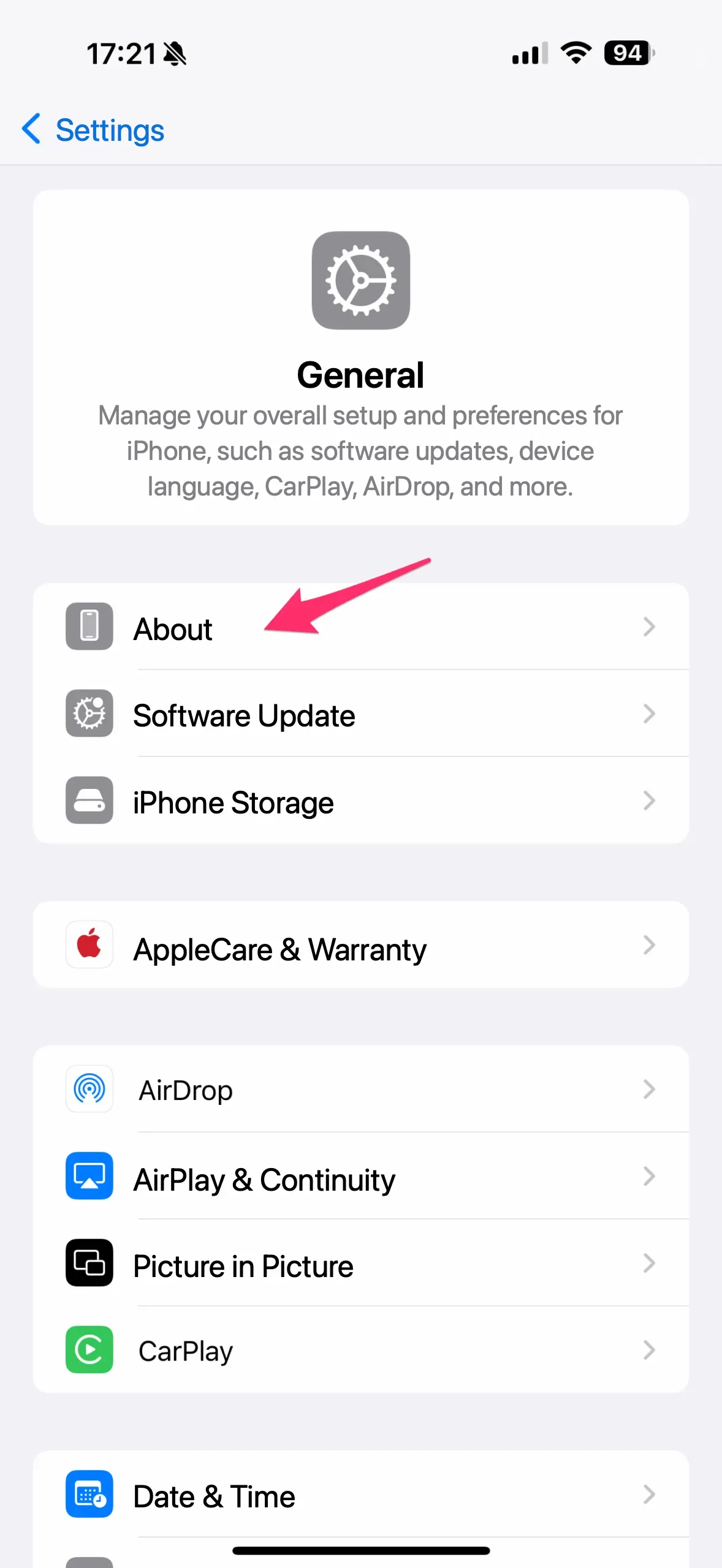 Go back to Settings and select General, then About