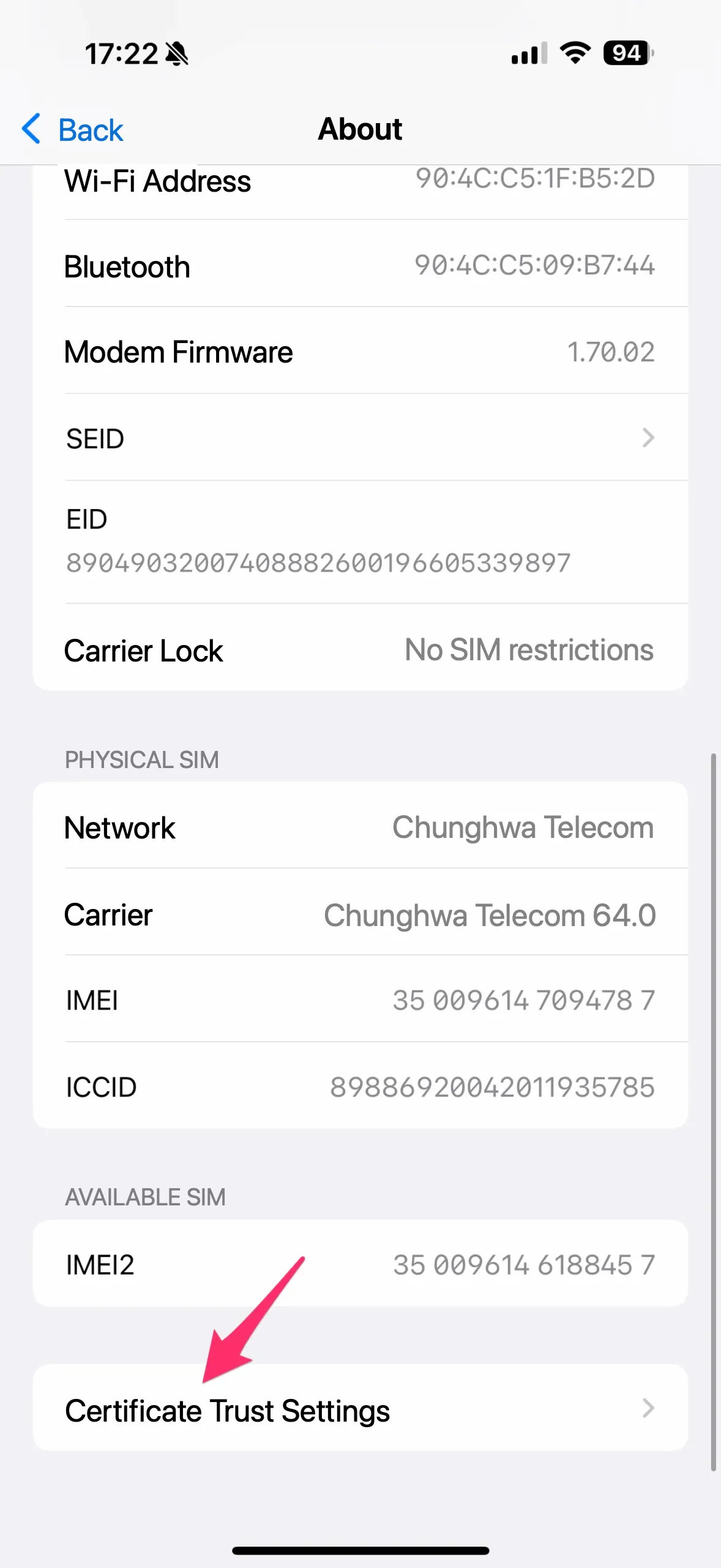 Select Certificate Trust Settings