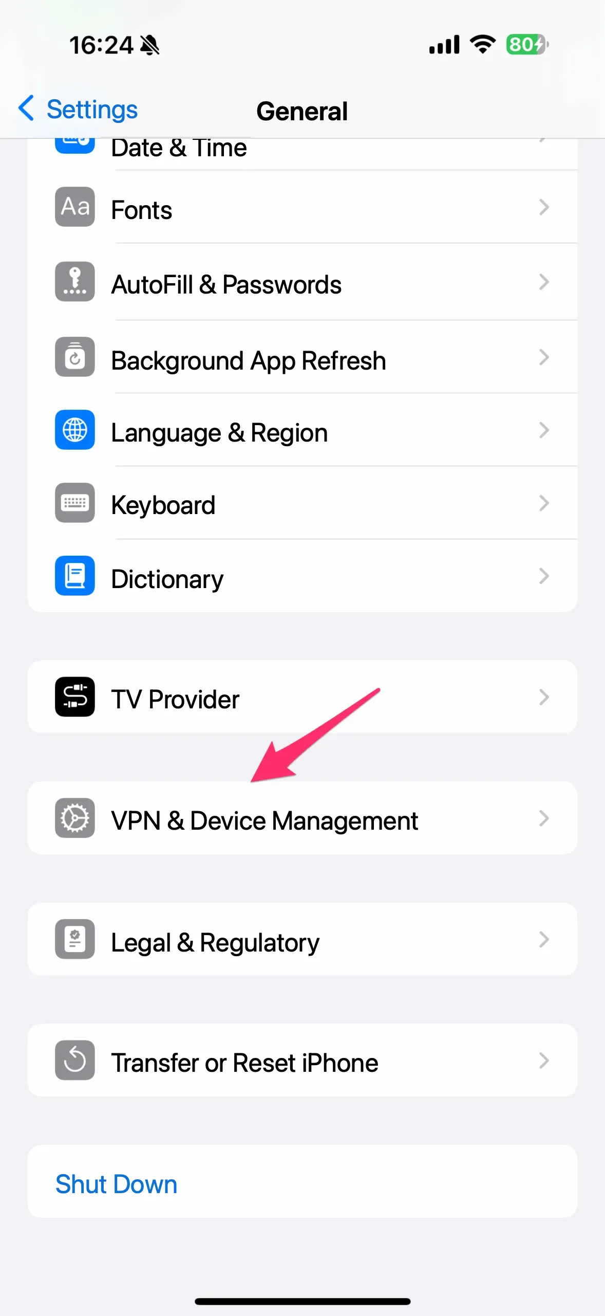 Scroll down to the bottom and select VPN & Device Management