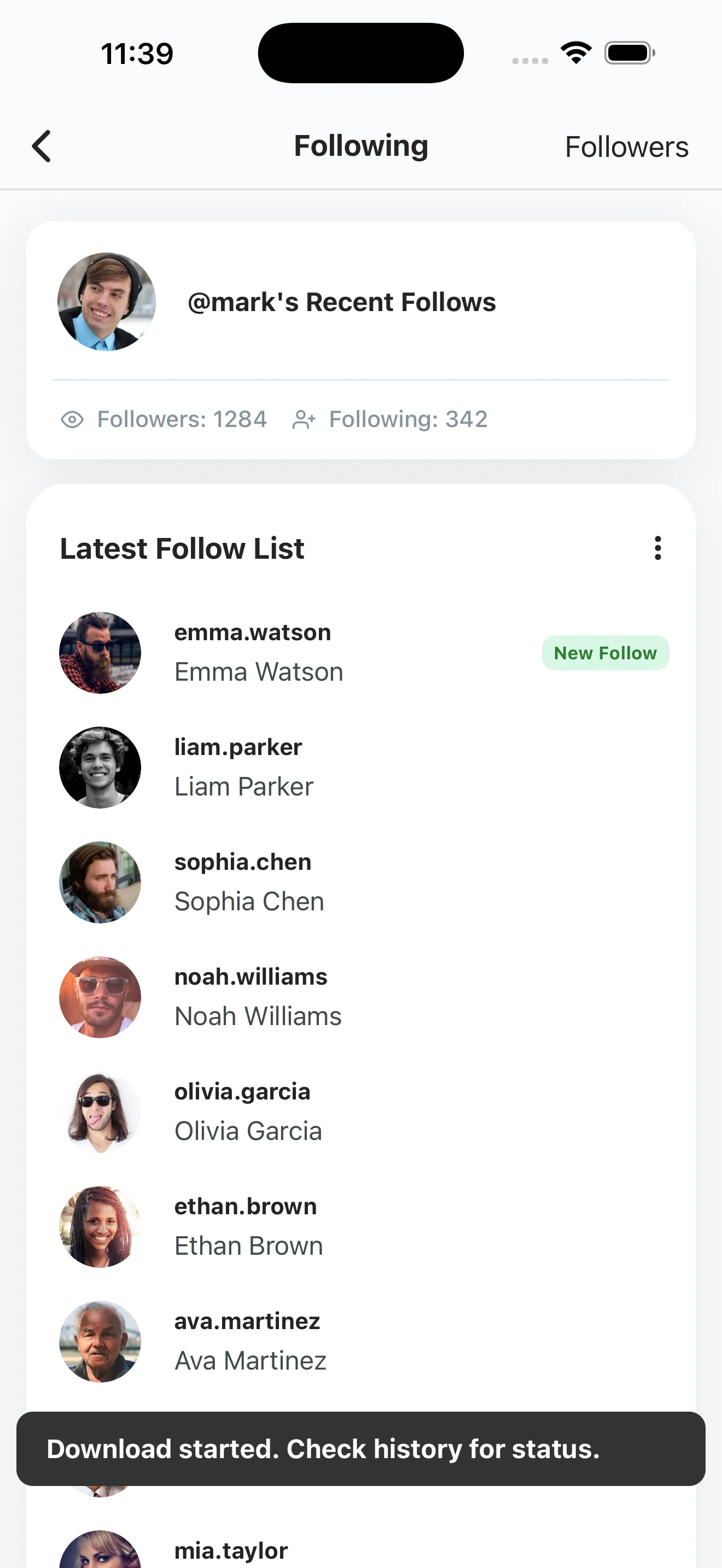 Recent Follow toast at the bottom of the screen reading Download started Check history for status after triggering a CSV export