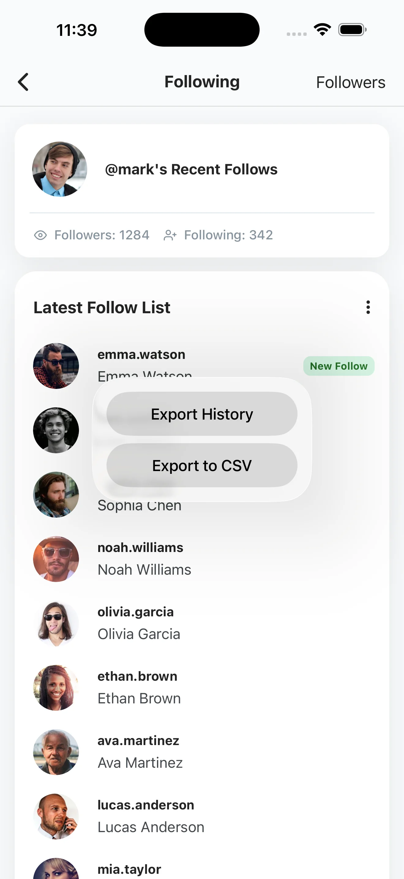 Recent Follow Following tab with the menu open showing Export History and Export to CSV options