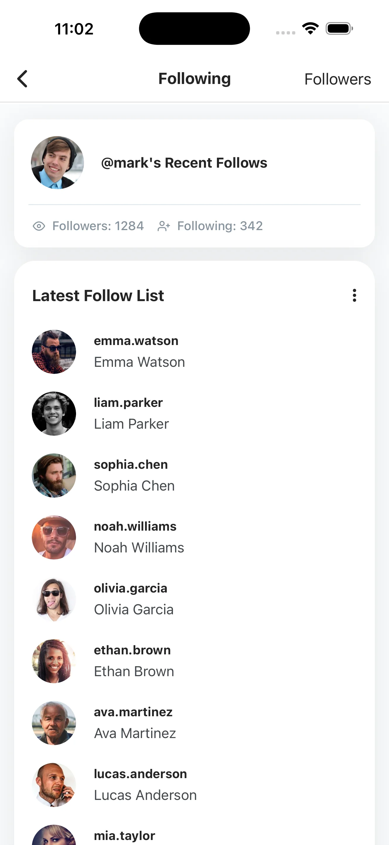 Recent Follow showing an Instagram account's Following tab populated with the latest follow list ready to export