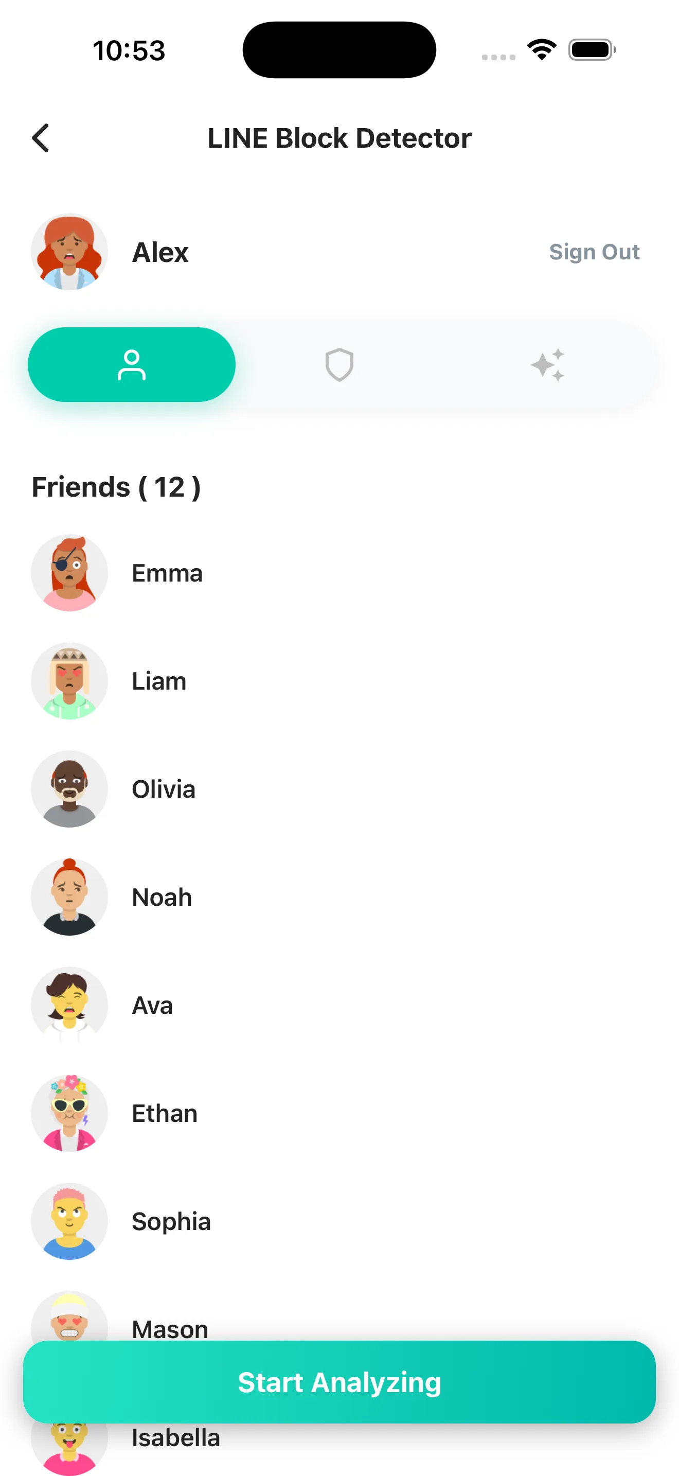 LINE Block Checker loading your LINE friend list — tap Start Analysis to scan every contact
