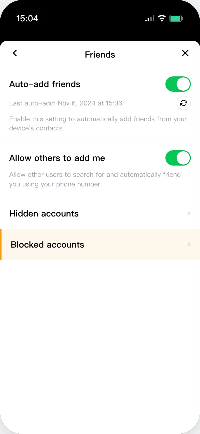 LINE Friends settings, "Blocked accounts" is at the bottom