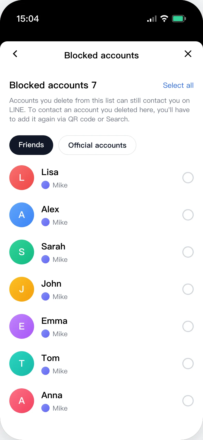 LINE Blocked accounts list with every contact you've blocked