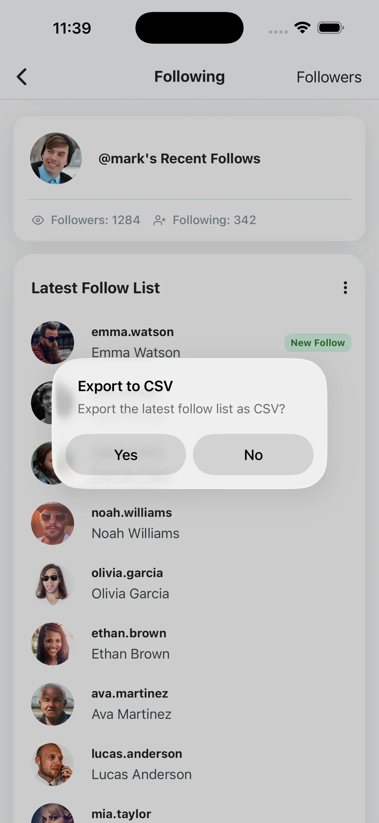 Boîte de dialogue de confirmation Recent Follow demandant Export the latest follow list as CSV avec les boutons Yes et No