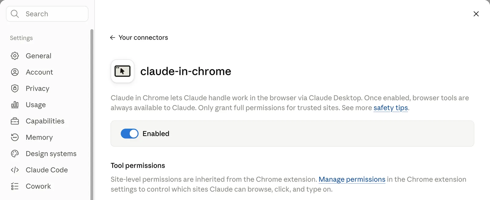 Claude Desktop 設定裡的 claude-in-chrome 連接器