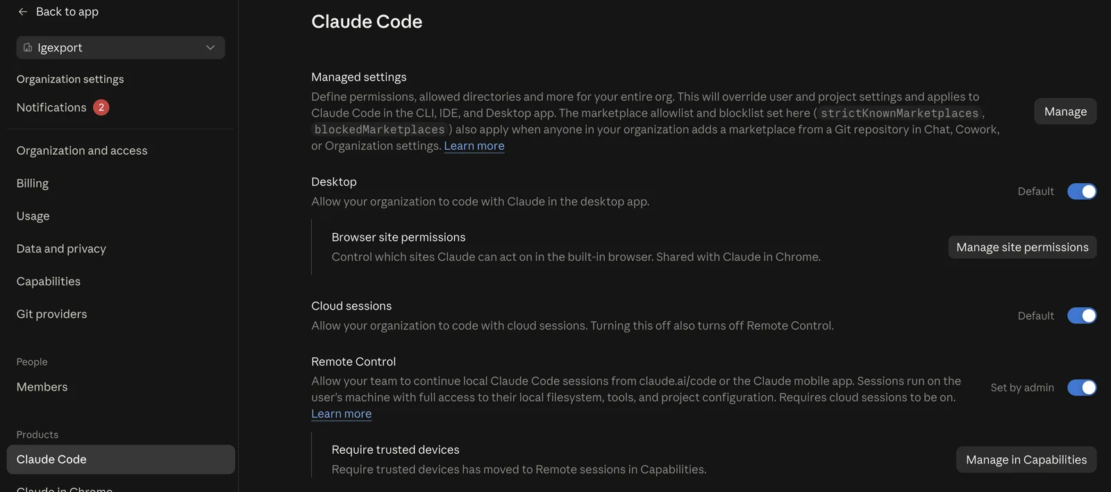 claude.ai 管理後台的 Claude Code 設定頁,Remote Control 開關已打開