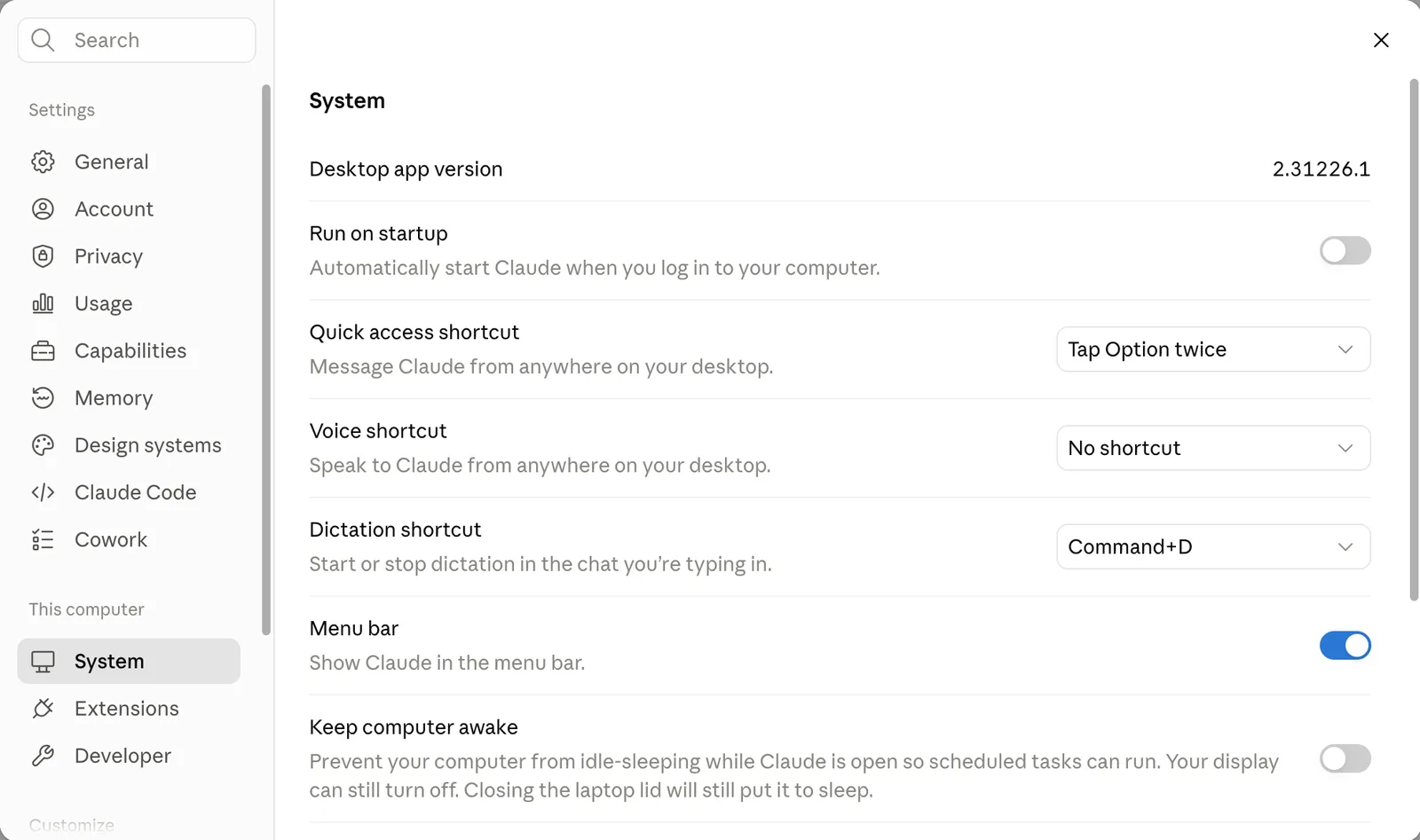 Claude Desktop 設定頁的 System 區塊,最下面是 Keep computer awake
