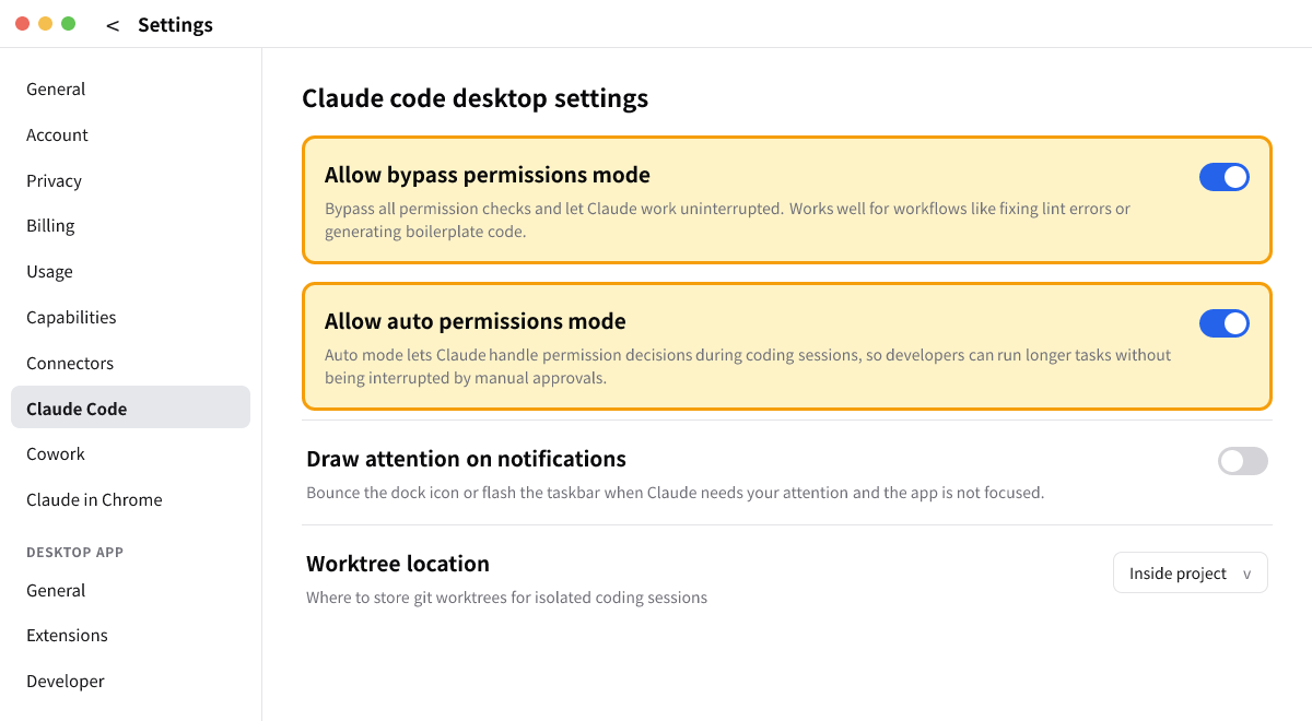 Claude Desktop 的 Claude Code 設定畫面